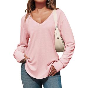 Tankaneo Womens Deep V Neck Tunic Tops Long Sleeve Oversized Casual Loose Fit Curved Hem T Shirts (Small, Pink)