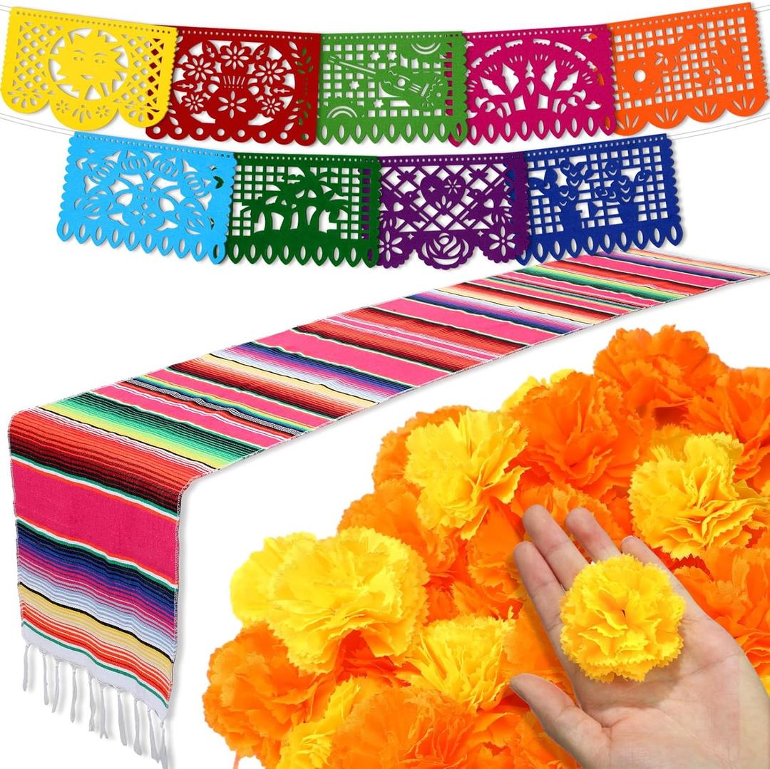 Funtery 50 Pcs Marigold Flower Heads Bulk Day of The Dead Decor Altar De Ofrendas Dia De Muertos Decoration 9 Pcs Mexican Papel Picado 1 Mexican Table Runner Supplies(Orange, Yellow, Rose Red)