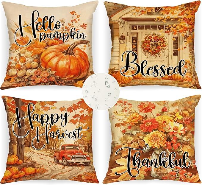 Benjia Outdoor Fall Throw Pillow Covers 18x18 Set of 3, Decorative Waterproof Oxford Colorful Autumn 18 x 18 inch Holiday Cushion Cases Home Outside Porch Decor Decoration (Style 04)