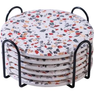 Coasters with Holder Set of 6, Absorbent Marble Drink Decorative Coasters for Coffee Cup Beverage Wine Beer Bar Housewarming