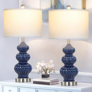 Triple Gourd Ceramic Table Lamps Set of 2, Modern Blue Bedside Lamps with Rotary Switch, Contemporary Nightstand Lamps for Bedroom Living Room