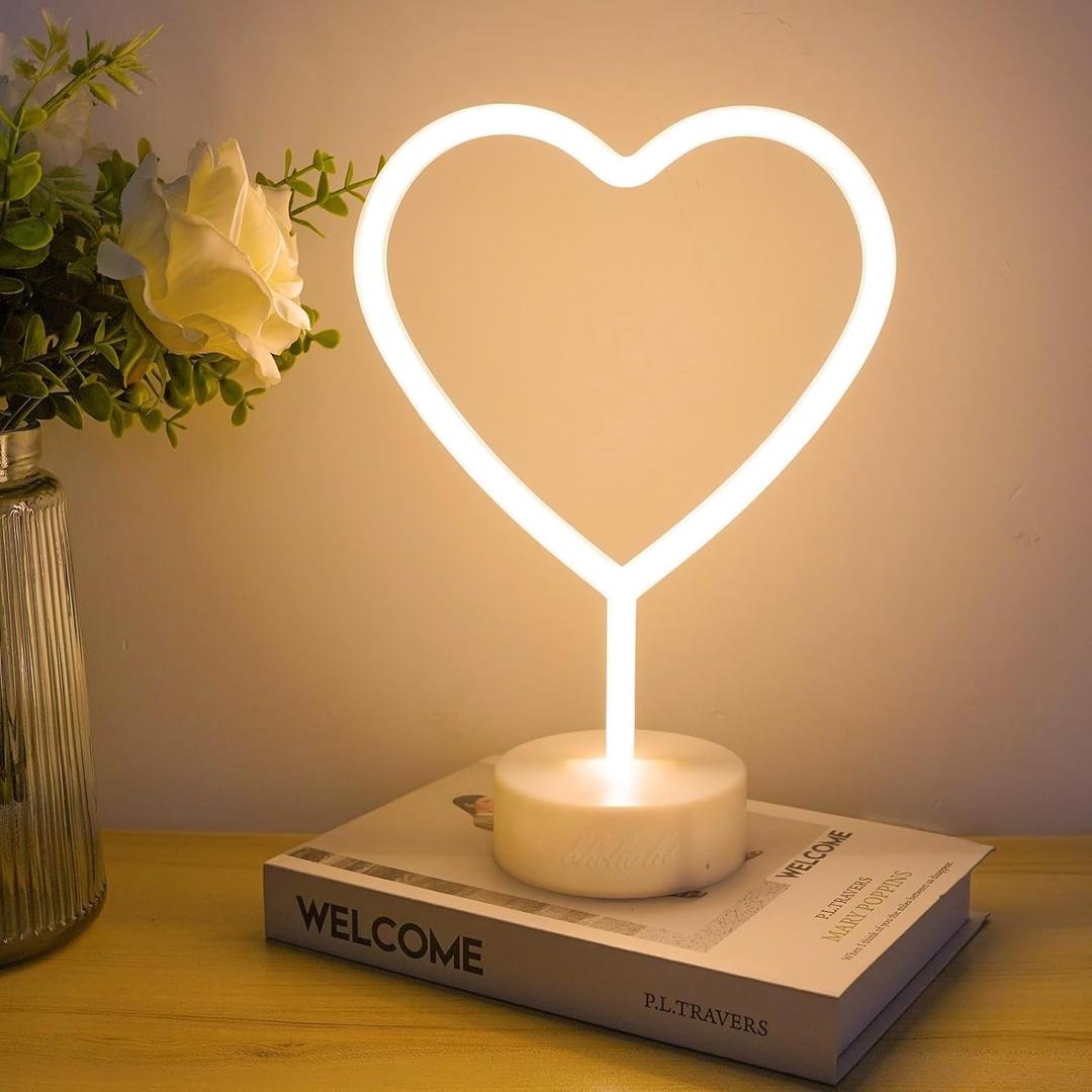 Bhclight Warm White Heart Neon Sign, Valentines Day Neon Light Battery Operated or USB Powered Valentines Warm White Heart Lights, Table Lamps for Galentines Day Decorations, Gifts for Women, lover