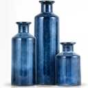 Mowtanco Blue Ceramic Vase Set of 3 Small Vases, Modern Farmhouse for Home Decor Bottles, Rustic Terracotta Vase Decorative Vases for Table,Fireplaces Decor, Bookshelf, Living Room