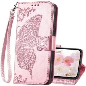 for iPhone 16 Wallet Case for Women,Butterfly Embossed Flip Folio PU Leather Stand Card Holder Slots Phone Protective Cover for iPhone 16 6.1" (Rose Gold)