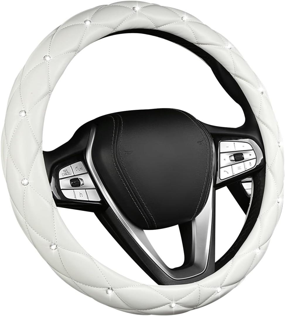 Bling Car Steering Wheel Cover, 15 Inch Non-Slip Soft Leather Auto Wheel Cover, Crystal Rhinestone Steering Wheel Cover for Women Girls, Universal Decor Car Accessories (White)