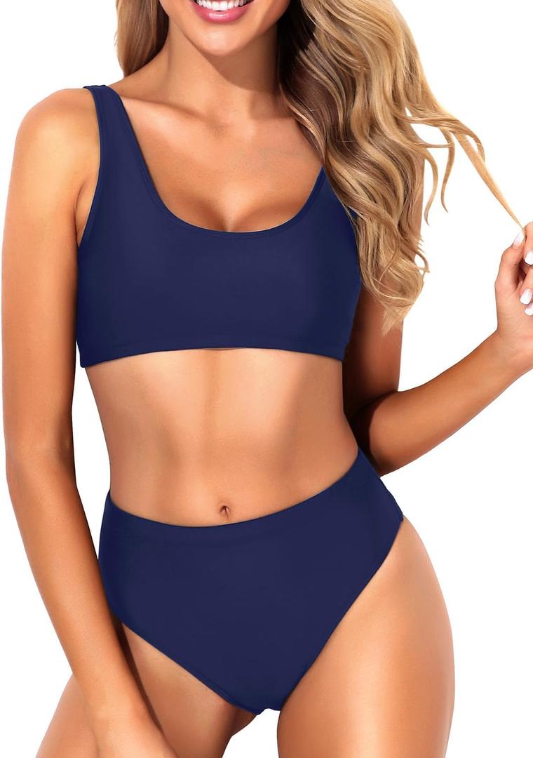 Tempt Me Women Two Piece Scoop Neck Bikini Crop Top Swimsuit Sporty High Waisted Bathing Suit, M