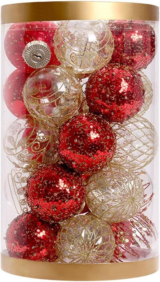 25PCS Christmas Tree Balls 2.36 Inch Shatterproof Clear Glitter Plastic Decorative Xmas Baubles Set Hanging Ornaments for Wedding(Rojo)