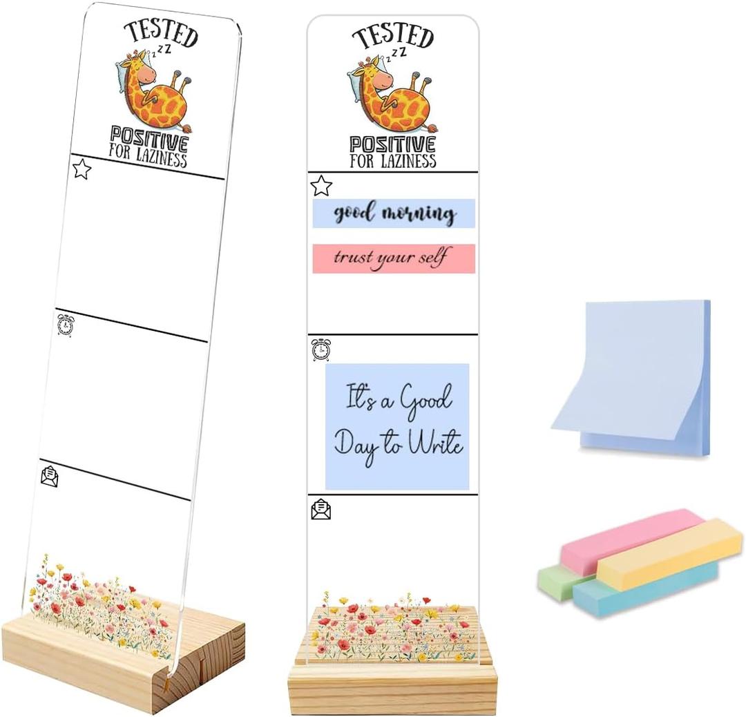 4 x Sticky Note Holder, Monitor Memo Board, Acrylic Post It Note Holder with Wooden Base, Includes 200 Notes, Desk Organizer, Funny Giraffe Quote “Tested Positive for Laziness”, 11.8 x 3.1 inches