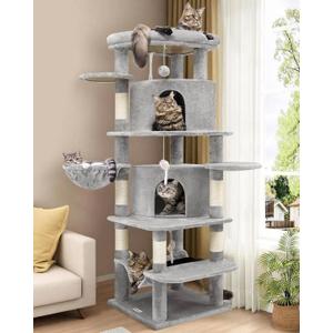 Globlazer Corner Cat Tree for Large Cats, 66inch Tall Curved Series Large Cat Tower for Multiple Indoor Cats with 6 Scratching Posts, 2 Spacious Cat Condos, Hammock, Hanging Basket, C66, Light Grey
