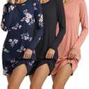 Real Essentials 3 Pack: Ultra-Soft Night Shirt for Women Long Sleeve Sleep Shirt Nightgown, L