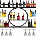 OMKUOSYA Rack Wall Mounted with LED Light, 3-Tier Metal Bar Shelves Wall Mounted with Glass Holder, Liquor Bottle Display Shelf for Home Bar, Dining Room & Kitchen (Black, 47.2in/ 120cm)