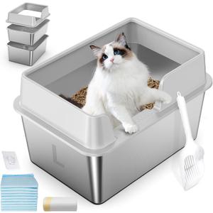 Stainless Steel Cat Litter Box with Lid, L High Sided Metal Sifting Litter Box for Pine Pellets, Enclosed Sifting Box for Small Cats, Anti-Leakage, Easy Clean, Include Scoop, Liner, Pee Pad and Hook (L:19.7"x13.8"x12")