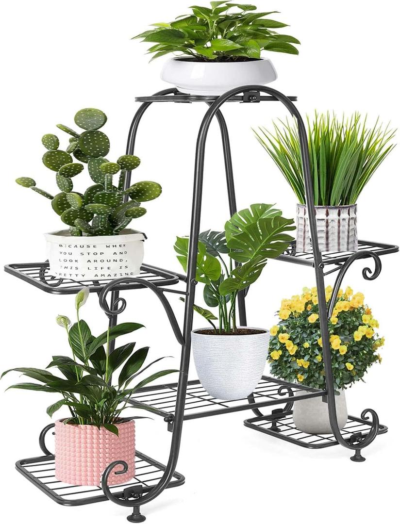 Plant Stand 6 Tier Metal Plant Stands for Indoor Outdoor Plants Multiple Tiered Tall Iron Plant Shelf, Black Plant Rack, Heavy Duty Flower Pot Holder for Corner, Patio, Living Room , (Black)