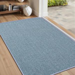 Ultra Thin Door Mat Indoor Entrance 24"x36", Low-Profile Indoor Door Mat, Non Slip Entry Mat Rubber Backing Unique Herringbone Design Inside Doormat Dirt Trapper Entryway Mats, Light Blue