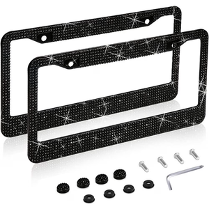Strass Double License Plate Frame Set, Glass Rhinestones, Stainless Steel, for Dazzling Car Owners, Silver, Standard Size, Set of 2