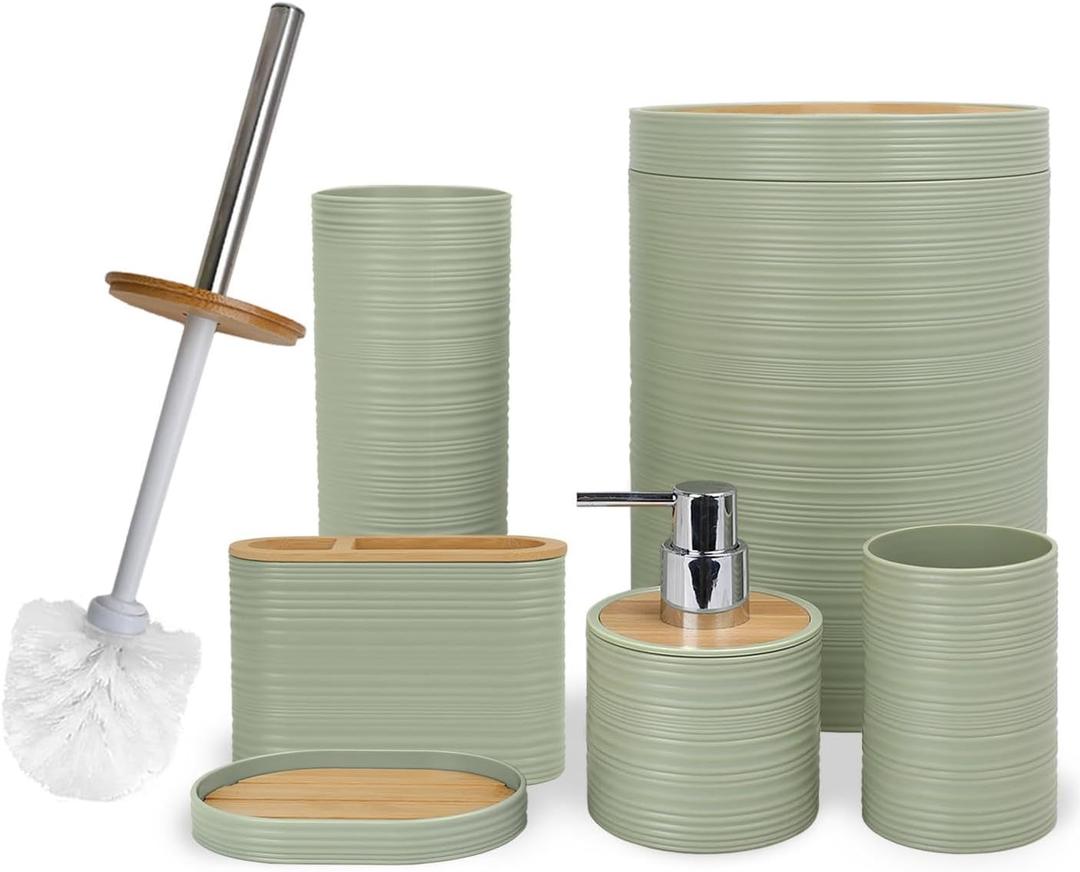 CERBIOR Bathroom Accessories Set 6 Piece Bamboo Bath Ensemble Includes Soap Dispenser, Toothbrush Holder, Toothbrush Cup, Soap Dish for Decorative Countertop and Housewarming Gift, Sriral Green