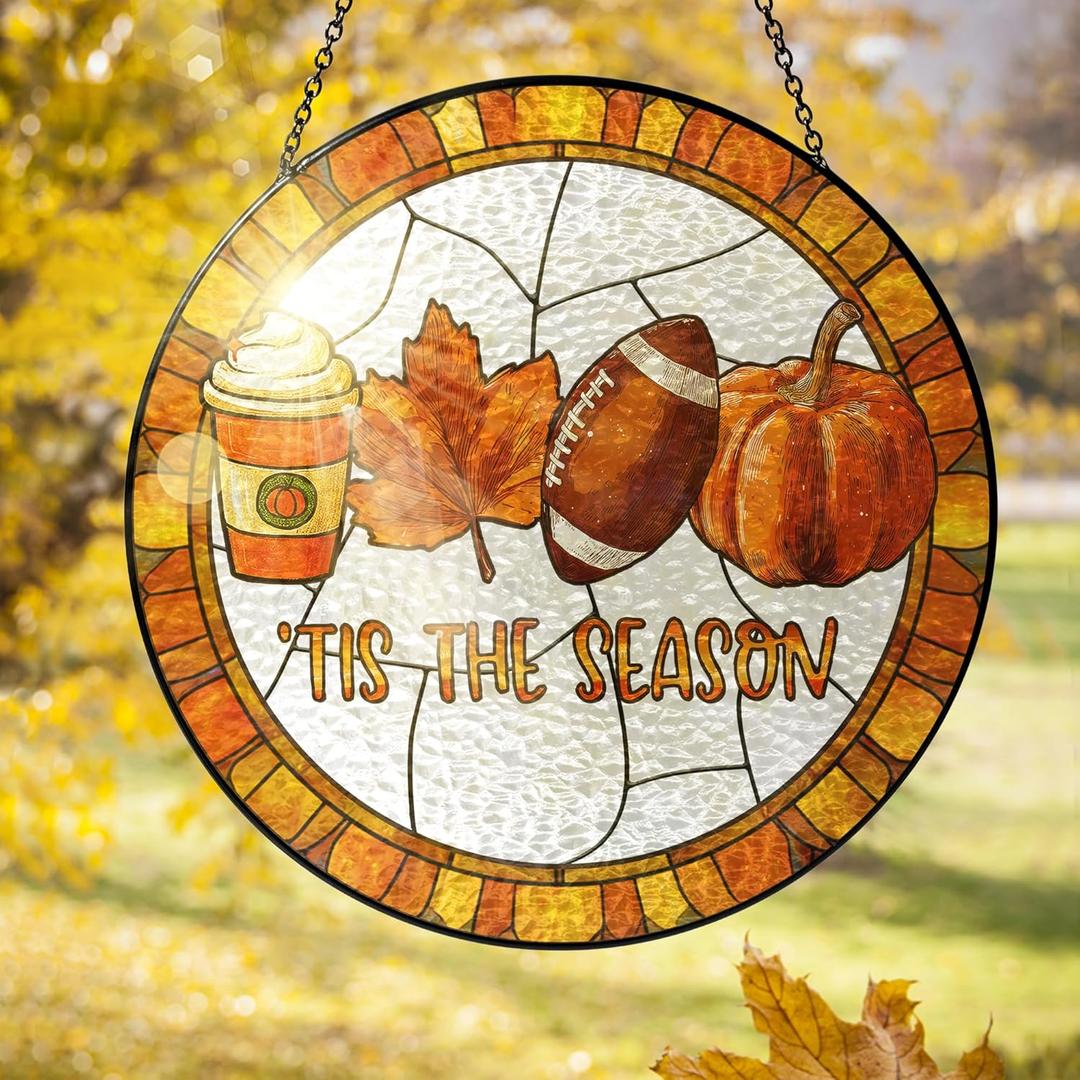 FLAGWIX Fall Decorations for Home - Stained Glass Window Hanging 8in - Autumn Sun Catchers Indoor Window, Fall Gifts for Women Men, Thanksgiving Decorations Sun Catcher, Thanksgiving Gifts for Mom Dad (Spice  tis Season)