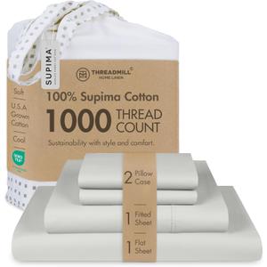 Threadmill Luxury Supima Cotton Sheets, Luxury 1000 Thread Count Soft 100% Cotton Sheets for Queen Size Bed, 4 Pc Light Grey Bed Sheets Queen Set, 5-Star Hotel Quality Deep Pocket Bed Sheets Set