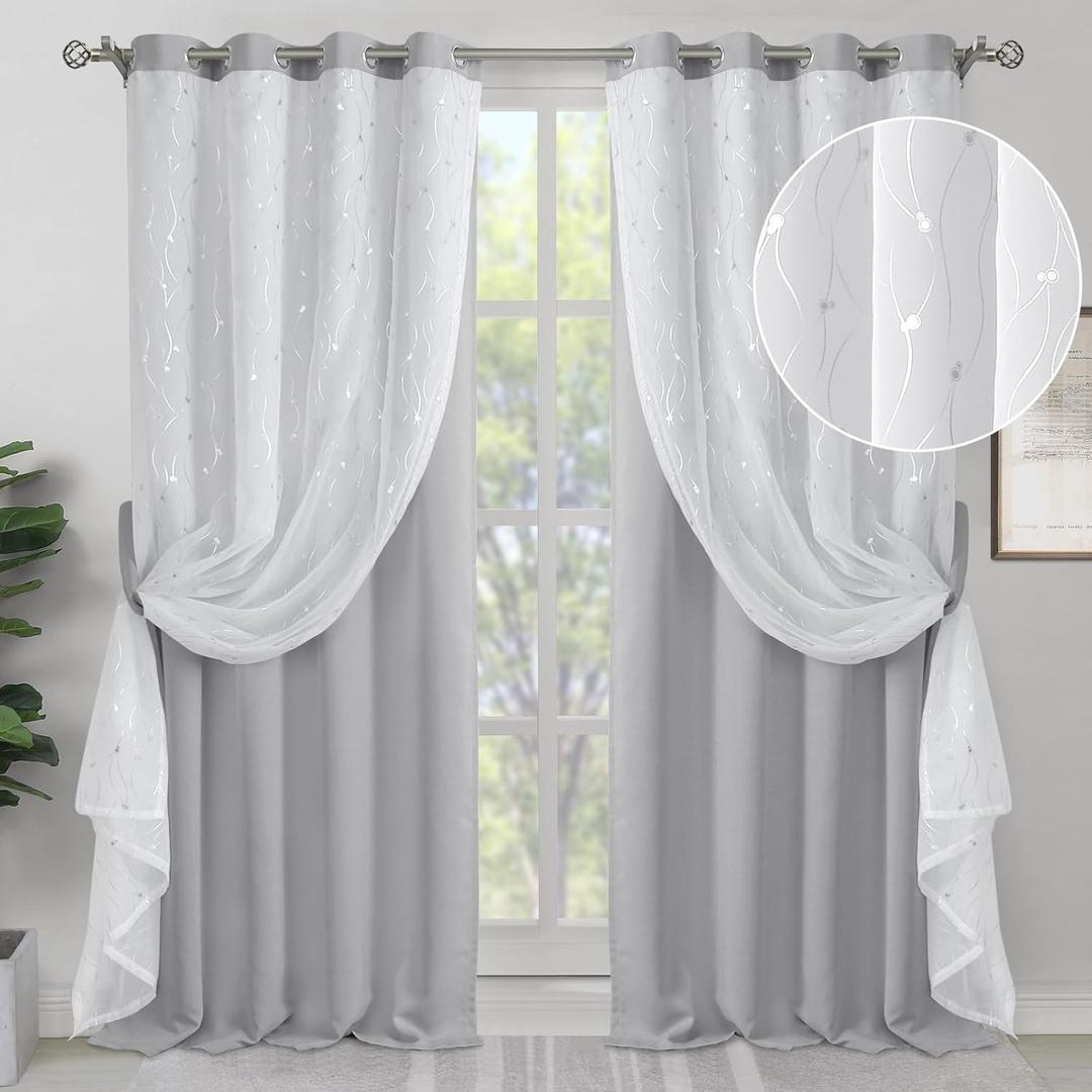 BGment Room Darkening Curtains with Sheer Overlay, Thermal Insulated Double Layer Curtains for Living Room, Grommet Silver Printed Window Curtain for Bedroom, 2 Panels Each 52 x 84 Inch, Light Grey