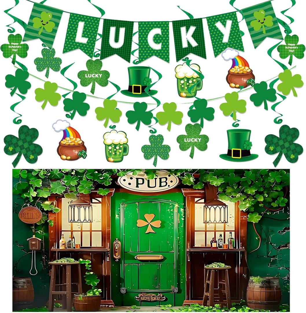 St Patricks Day Banner Decor, Large Saint Patricks Day Shamrock Photography Backdrop, Hanging Irish Decor for Home Wall Indoor Outdoor Decor Party Supplies