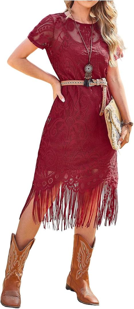 WDIRARA Women's Western Concert 2 Piece Layered Dress Set Short Sleeve Sheer Fringe Dress and Cami Dress Boho Bohemia, Size: L