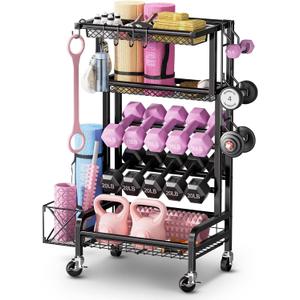 Dumbbell Rack, Weight Rack for Home Gym Storage Rack with Lockable Wheels & Hooks, Workout Equipment Storage for Yoga Mat Foam Roller Kettlebells Resistance Bands