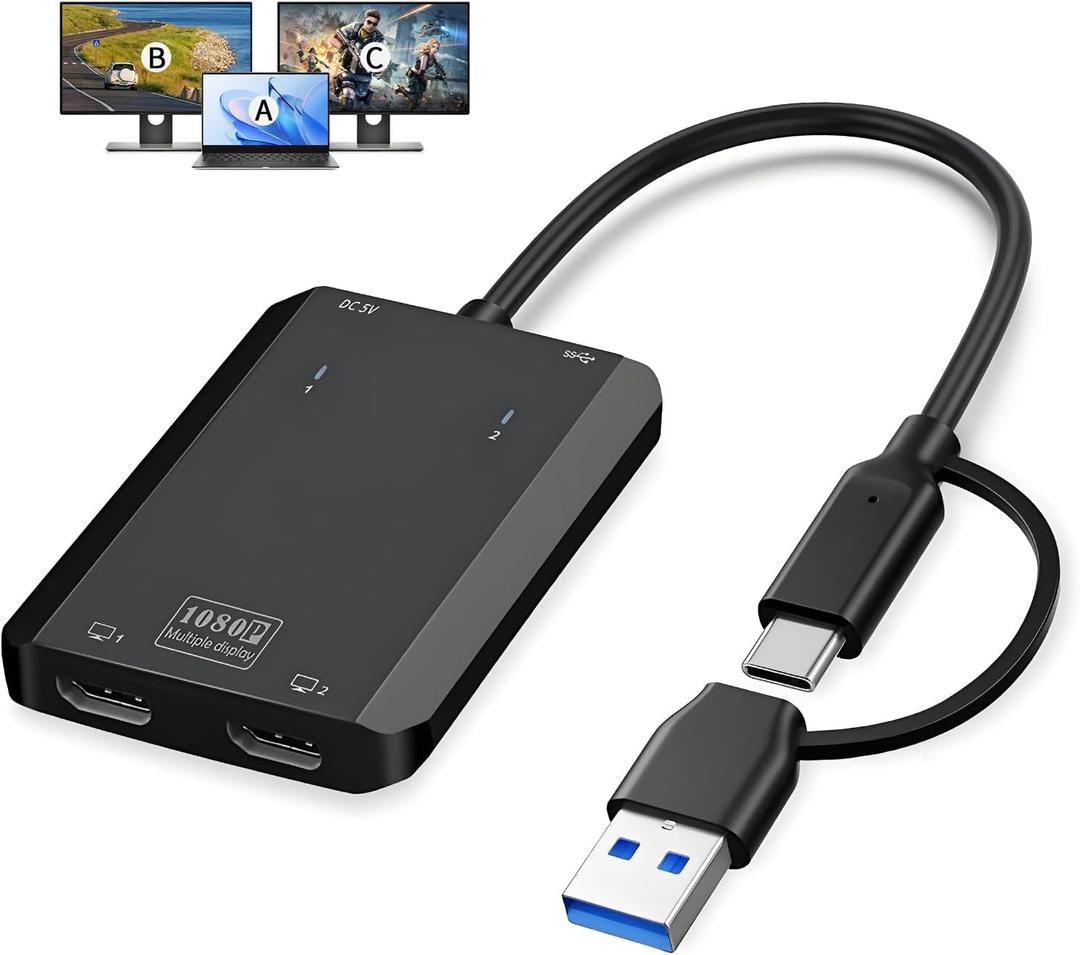 DERSUR USB 3.0 to Dual HD Adapter, Type C to HD Splitter for 2 Monitors, Double 1080P@60Hz Universal Multiple Screen Connector, Extended Display Adapter for MacOS 10.15/ Windows 11/ 10/ 8.1/ 8/ 7