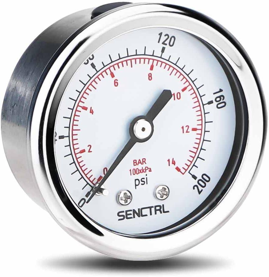 SENCTRL 0-200 psi Pressure Gauge, 2" Dial Size, 1/8 NPT Back Mount, Waterproof, Stainless Steel Case, for Pneumatic Regulator Air Compressor Portable Tank Water Tire Test