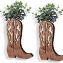 Havawish 2 Pcs Western Wall Decor Wood Cowboy Boots Wall Planter for Indoor Plants 12 x 8'' Western Boot Flower Hanging Vase for Flower Faux Rustic Home Decor for Bathroom Bedroom(Retro Style)