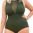 CUPSHE Women's One Piece Swimsuit Plus Size Bathing Suit Mesh Crew Neck Swimwear Back Tie (Olive Green, 1X)