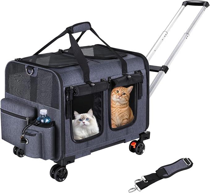 Cat Carrier for 2 Cats,Cat Carrier with Wheels for Cats and Dogs, Foldable Double Pet Carrier, Rolling Dog Carrier with Detachable Wheels and Telescopic Handle,2 Front Zippered Compartments Gray (22"L x 14.5"W x 14.5"H)