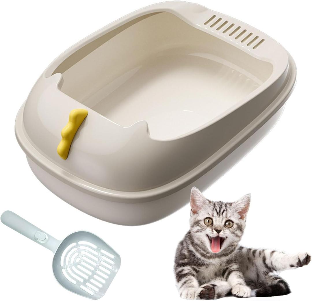 Open Litter Box, Anti-Splashing Cat Toilet with Litter Sifting Scoop - Semi-Enclosed, Removable Kitten Litter Box (White, Small)