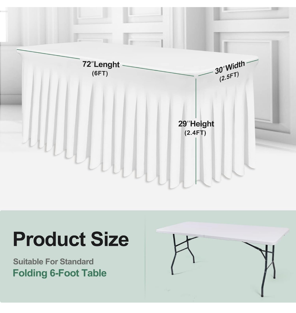 BDDC Table Skirts for Rectangle Tables 6ft  OnePiece White Tablecloths and Skirt, Wrinkle Resistant Ruffles Elastic Cover for Banquets, Weddings, Events, Parties