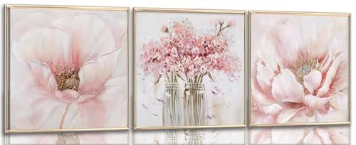 3Pcs Pink Flowers Wall Art Abstract Bouquet in Vase painting Canvas Artwork Botanical Floral picture Poster Print for bathroom Bedroom wall Decor UnFramed