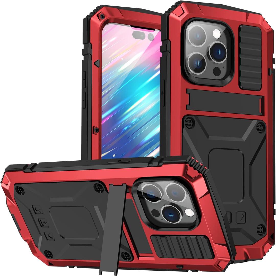 iPhone 14 Pro Metal Bumper Silicone Case iPhone 14 Pro Case with Stand Built-in Screen Protector Gorilla Glass Hybrid Military Shockproof Heavy Duty Rugged Full Cover for Outdoor (Red)