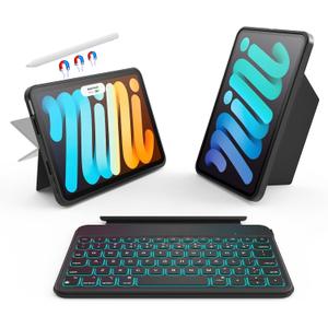 for iPad mini 6/7 (A17 Pro) 8.3" Detachable Magnetic Keyboard Case Full Protection, Scratch-Resistant Leather, 156 Stand, 7 Backlits & Rechargeable Pencil Holder & 11 Shortcuts (Black)