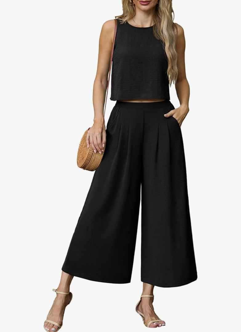Lepunuo Womens Summer 2 Piece Outfits Sleeveless Crop Top Flowy Wide Leg Pants Matching Sets Vacation Beach Travel Outfits M