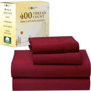 California Design Den Queen Sheet Set - Soft 400 Thread Count Sateen, Natural 100% Cotton Sheets, Deep Pockets with All Around Elastic for a Snug Fit, Cool & Durable Bedding Set - Bright True Red