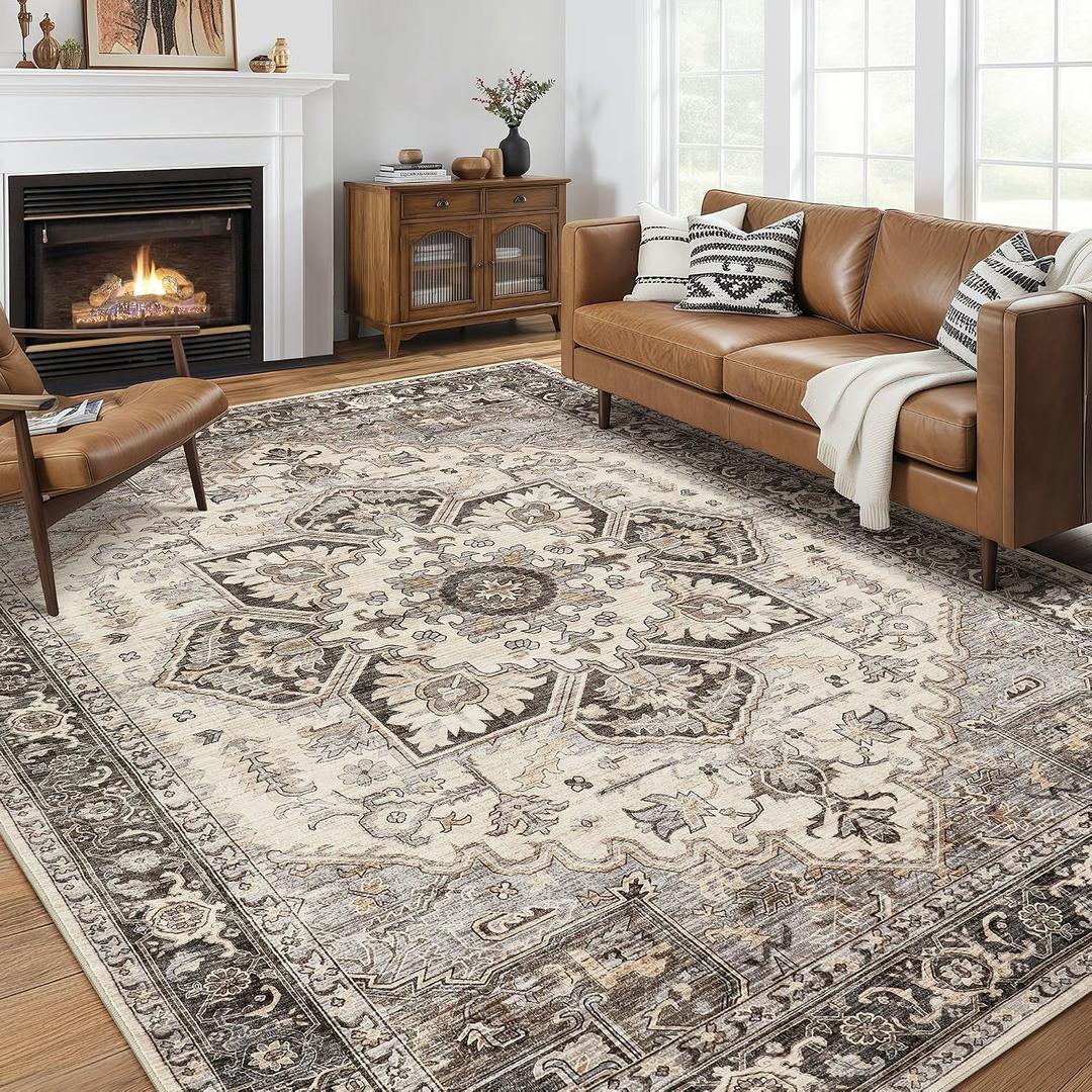 Area Rug for Living Room - 8x10 Soft Machine Washable Oriental Vintage Floral Distressed Large Indoor Floor Carpet for Bedroom Under Dining Table Home Office Decor - Grey Brown