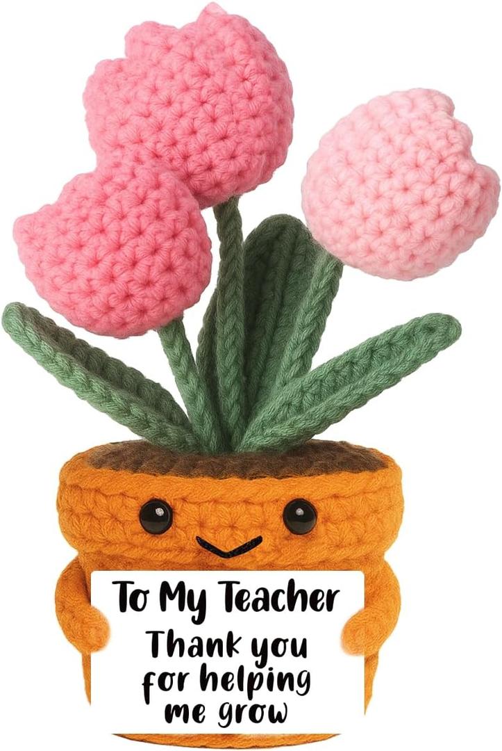 Teacher Appreciation Gifts, Mini Crochet Tulip Flowers with Thank You Card, Teachers Gifts for Women, Gift for Birthday Graduation Back to School Thanksgiving Halloween Christmas, Desk Decor