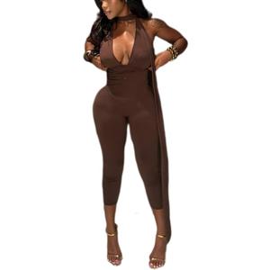 ksotutm Sexy Bodycon Halter Deep V Neck Backless Long Jumpsuits Romper Slim Casual Workout Club Pants One Piece Outfits (Medium, Brown)