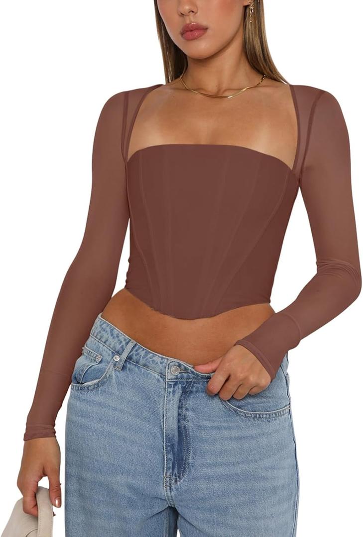 REORIA Women Fall Mesh Long Sleeve Boned Ruched Square Neck Corset Night Out Slim Fitted Sexy Bustier Tops Valentines Day Shirts (Coffee Small)