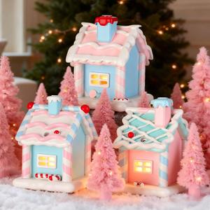 3 Pcs Pastel Gingerbread House Village Set Pink Gingerbread House Shaped Decorations Christmas Macaron Candy Hanging Ornament Set with Rope for Xmas Home Festival Party Holiday Decor