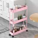 Slim Storage Cart 3 Tier,Bathroom Organizer Rolling Utility,Mobile Shelving Unit Slide Out for Office, Kitchen, Laundry Room & Narrow Places,Pink