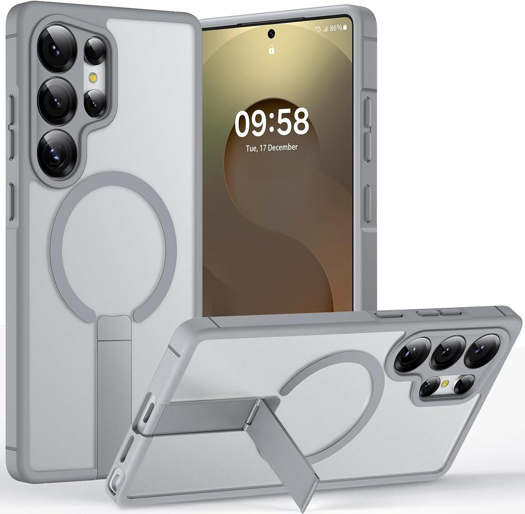 2 x TOCOL Magnetic for Samsung Galaxy S25 Ultra Case, Kickstand with Upgraded Full Camera Protection, Compatible with Magsafe, Drop Protection Slime Cover for Samsung Galaxy S25 Ultra 6.9-Inch (Gray)