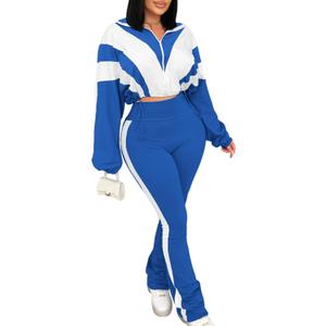 Vssjavun Women 2 Piece Outfit Color Block Long Sleeve Zip Drawstring Cropped Jacket Bodycon Long Pants Set Sweatsuit (Small, Royal Blue)