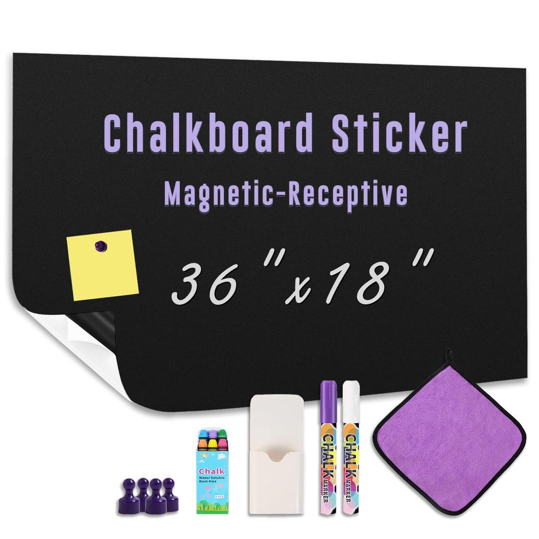 Magnetic Chalkboard Wallpaper Peel and Stick 36" x 18", Self-Adhesive Chalkboard Contact Paper with Chalk Markers, Magnets, Pen Holder & Rag - Ideal for Kids' Playrooms, Home Offices, and Classrooms