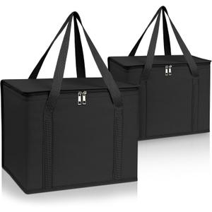 PEASUG 2 Pack Insulated Bags for Food Delivery, XL Pizza Delivery Bags, Large Capacity Cooler Bag Keep Food Warm for Grocery Shopping and Catering, Foldable, Heavy-Duty (Black)