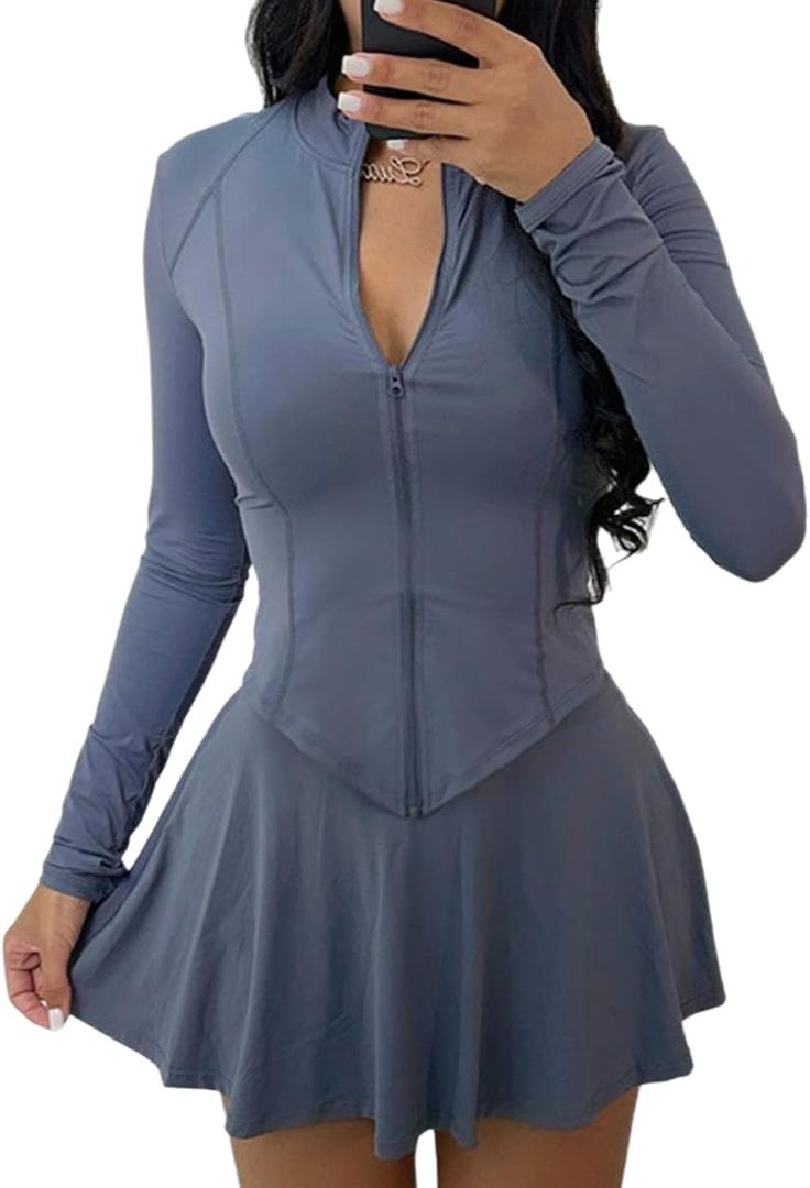 Tennis Skirts Set Womens 2 Piece Outfits Long Sleeve Zip Up Jackets Two Piece Mni Skirts Set Golf Skort Athletic Sports Medium