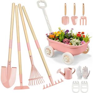 Grenebo Kids Gardening Set with Wheelbarrow, 11-Piece Outdoor Yard, Beach, STEM Garden Play Kit with Child-Sized Tools, Durable, Safe & Fun Gift Toy for Ages 2+ Kids Toddlers Boys Girls (Pink)